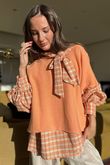 Ophelia Plaid Tie Neck Blouse Soft Aperol /15=